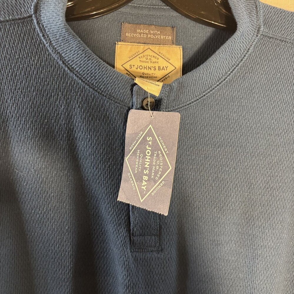 St. Johns Bay Mens L Blue Henley Shirt 60% Cotton 40% Recycled Polyester - Picture 5 of 8
